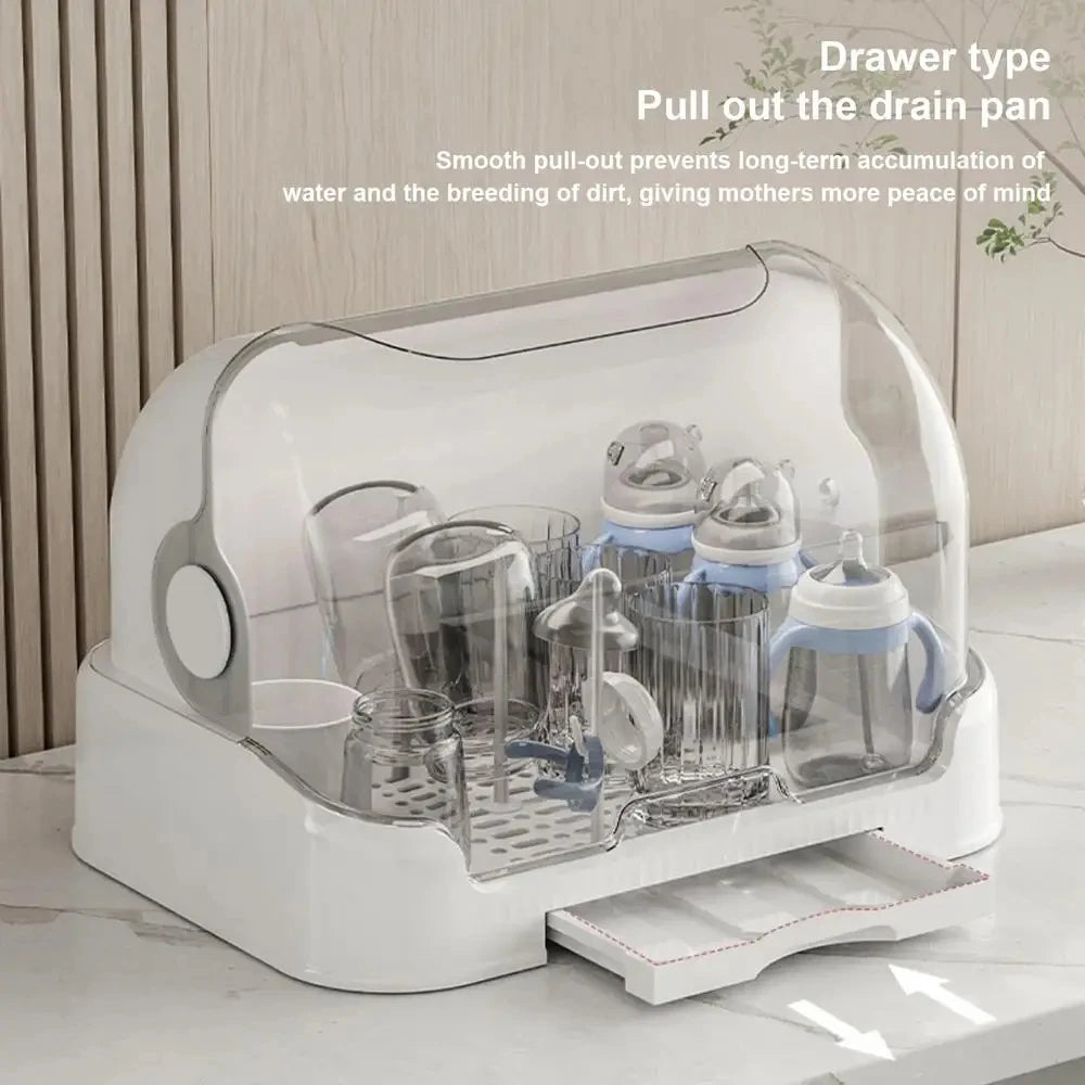 HOMEFISH Portable Baby Bottle Drying Rack & Organizer - Dustproof Storage Container with Removable Drip Tray