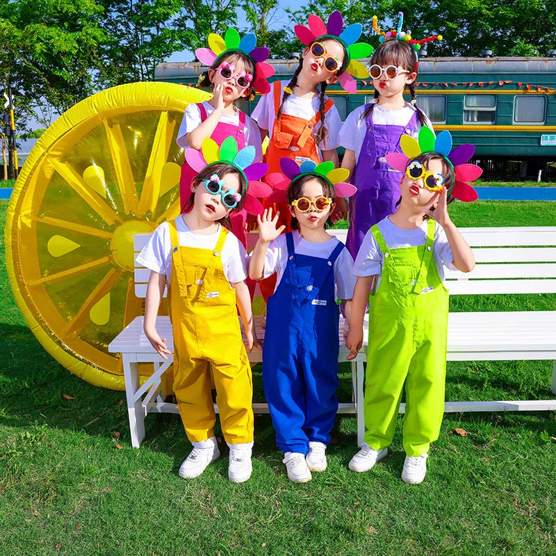 Boys Hip Hop Loose Colorful Overalls Girls Patchwork Dungaree Children Candy Color Jumpsuit Street Dance Romper Kids Streetwear