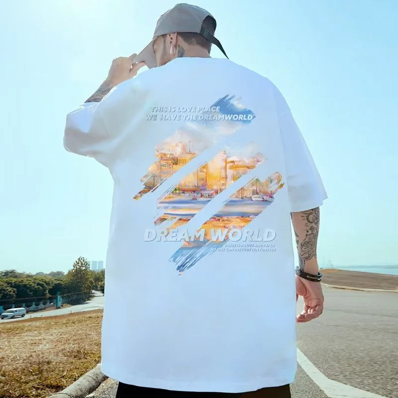 M-8XL 2024 NewPainting Print Round Neck Short Sleeve T-shirt for Men and Women Large Loose Casual Five Quarter Sleeved Top