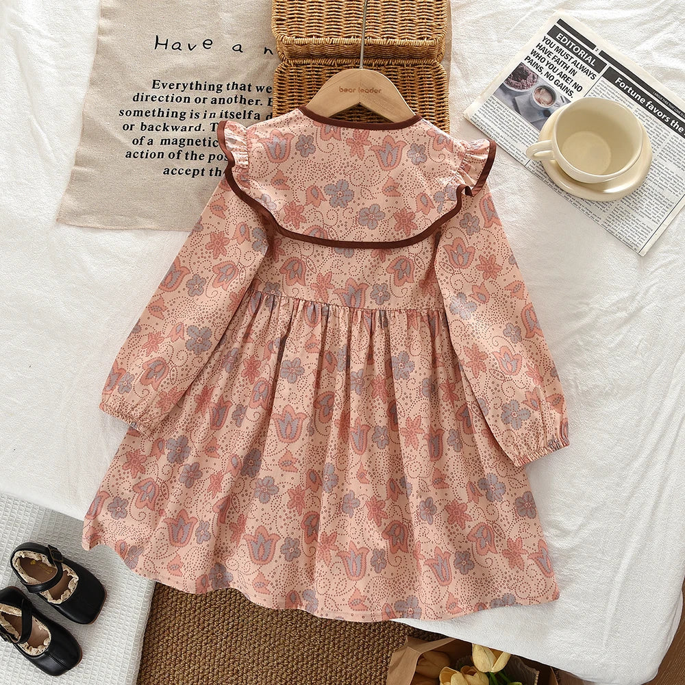 Bear Leader Autumn Spring New Girls' Dress Fashion Cute Doll Neck Flower Print Dress Children's Girls Long Sleeve Princess Dress