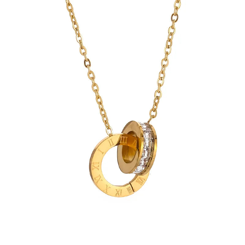 Roman Numeral Double Ring Zircon Inlaid Pendant Necklace For Women Men Personalized Silver Color Gold Color Metal Party Jewelry