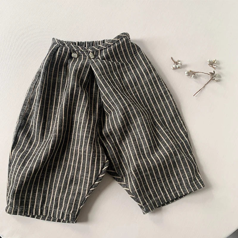 Kids Retro Striped Cotton Linen Pants – Comfortable Loose Fit Summer Trousers