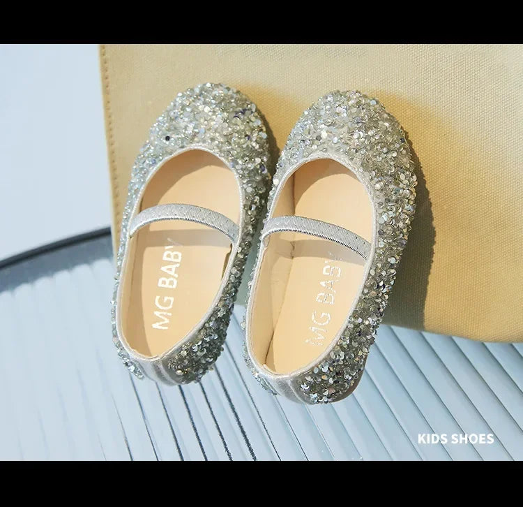 Children's 2025 new single shoe girls' fashion show sequined crystal shoes baby Baotou fashionable soft soled princess shoes