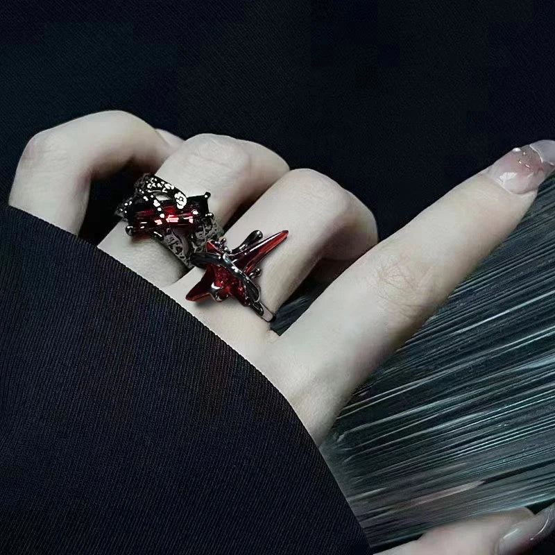 Vintage Gothic Temperament Red Crystal Cross Geometry Aesthetic Open Rings for Women Girl Punk Grunge Jewelry Men Rings