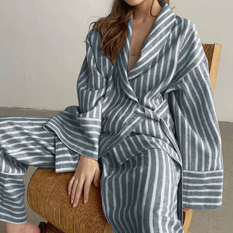 Women's Two-piece Set  Autumn New Striped Long-sleeved Loose Lace-up Top High-waisted Trousers Fashion Casual Suit for Women
