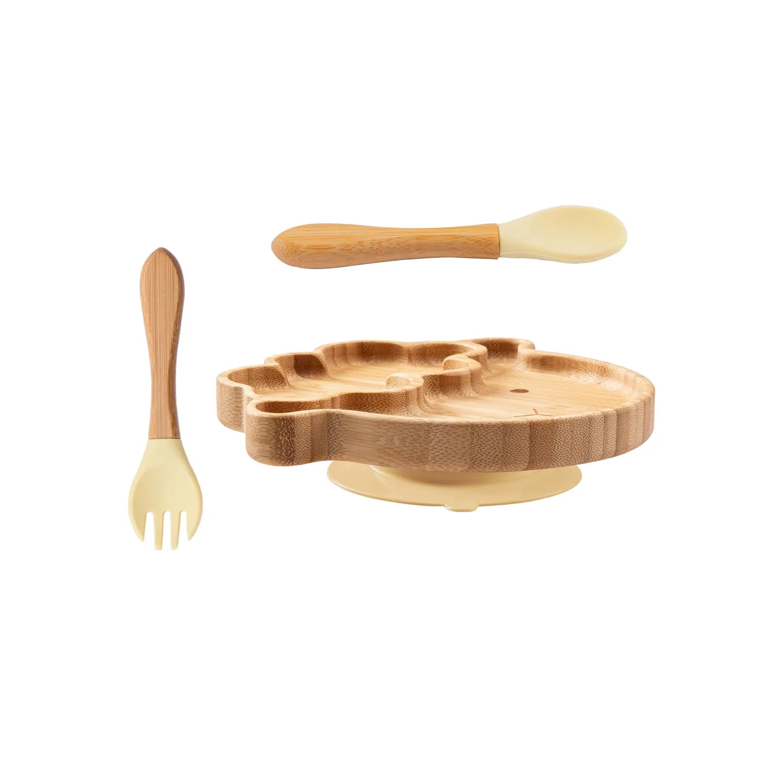 Baby Wooden Tableware Set Could Bamboo Wooden Plate Bowl Silicone Suction Wooden Handle Fork Spoon for Children Feeding Supplies