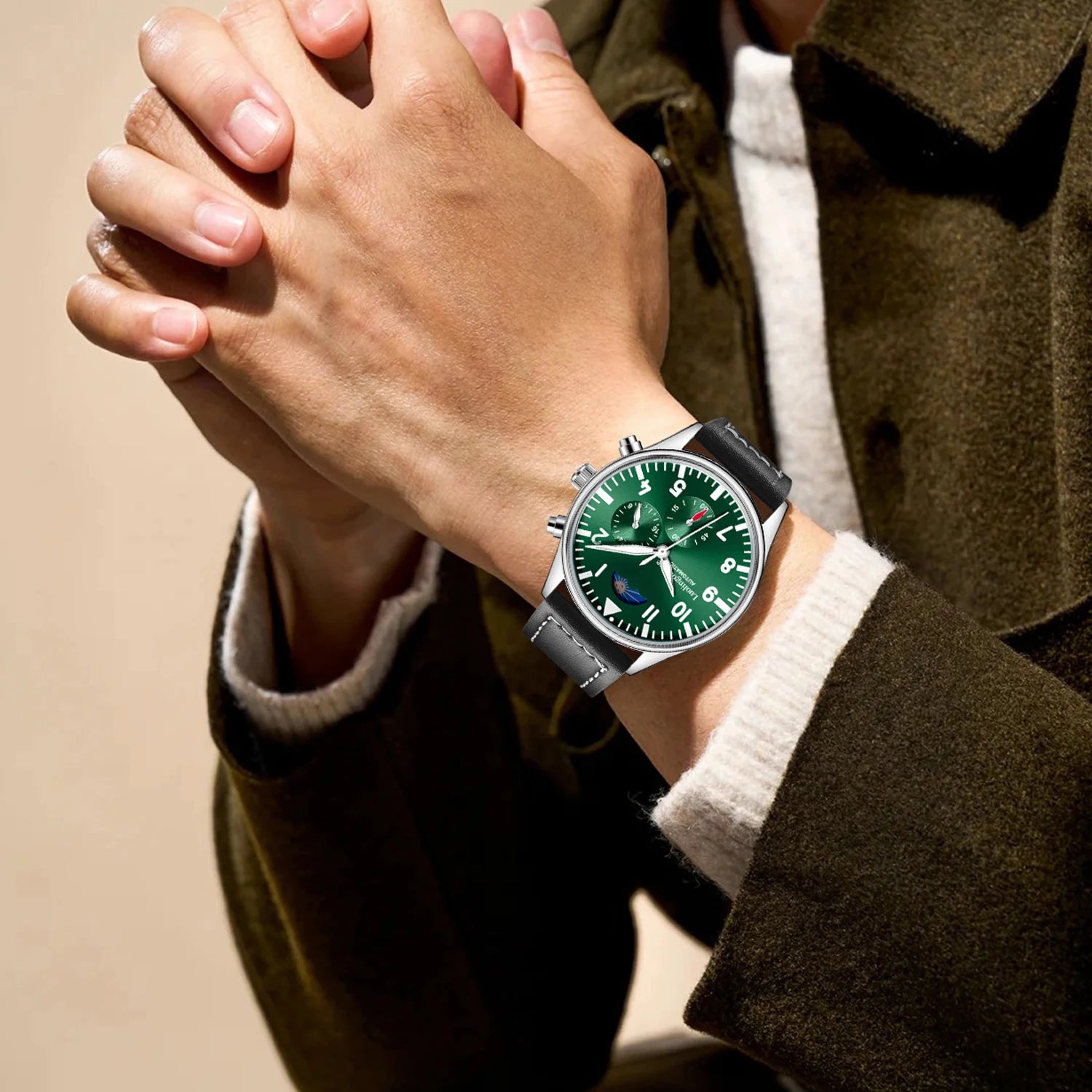 Luxury High-End Watch Series, Business Casual Men's Mechanical Watch, Automatic Winding, Round Dial, Multi-Function Display, Leather Strap, European and American Style, High Aesthetic Value, Light Luxury, Fashionable and Vers
