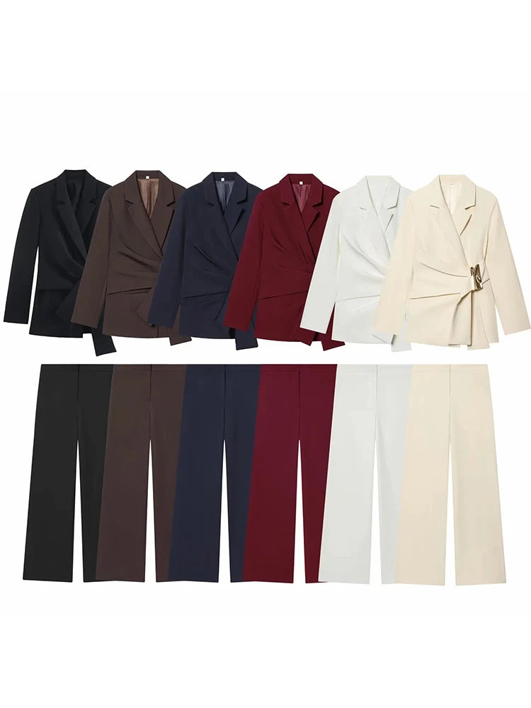 Women Suit Pants Two-Piece Set Buckle Decoration Long Sleeve Blazer Coat + Straight-Leg Pants 2 Pieces Sets Chic Woman Outfits