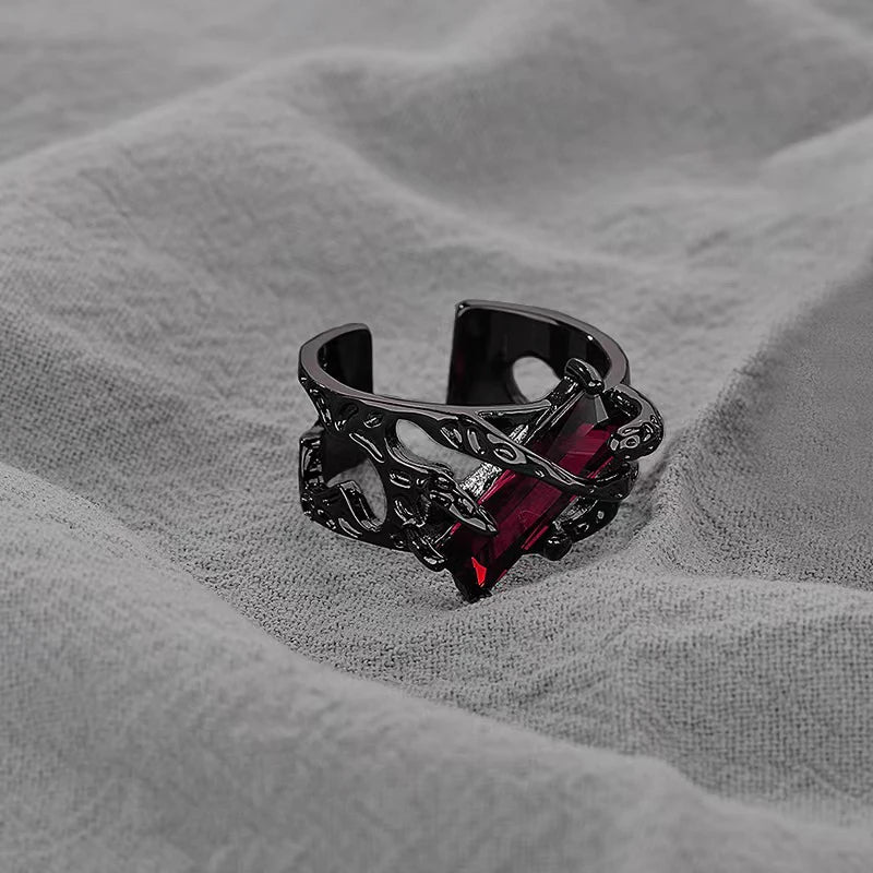 Vintage Gothic Temperament Red Crystal Cross Geometry Aesthetic Open Rings for Women Girl Punk Grunge Jewelry Men Rings