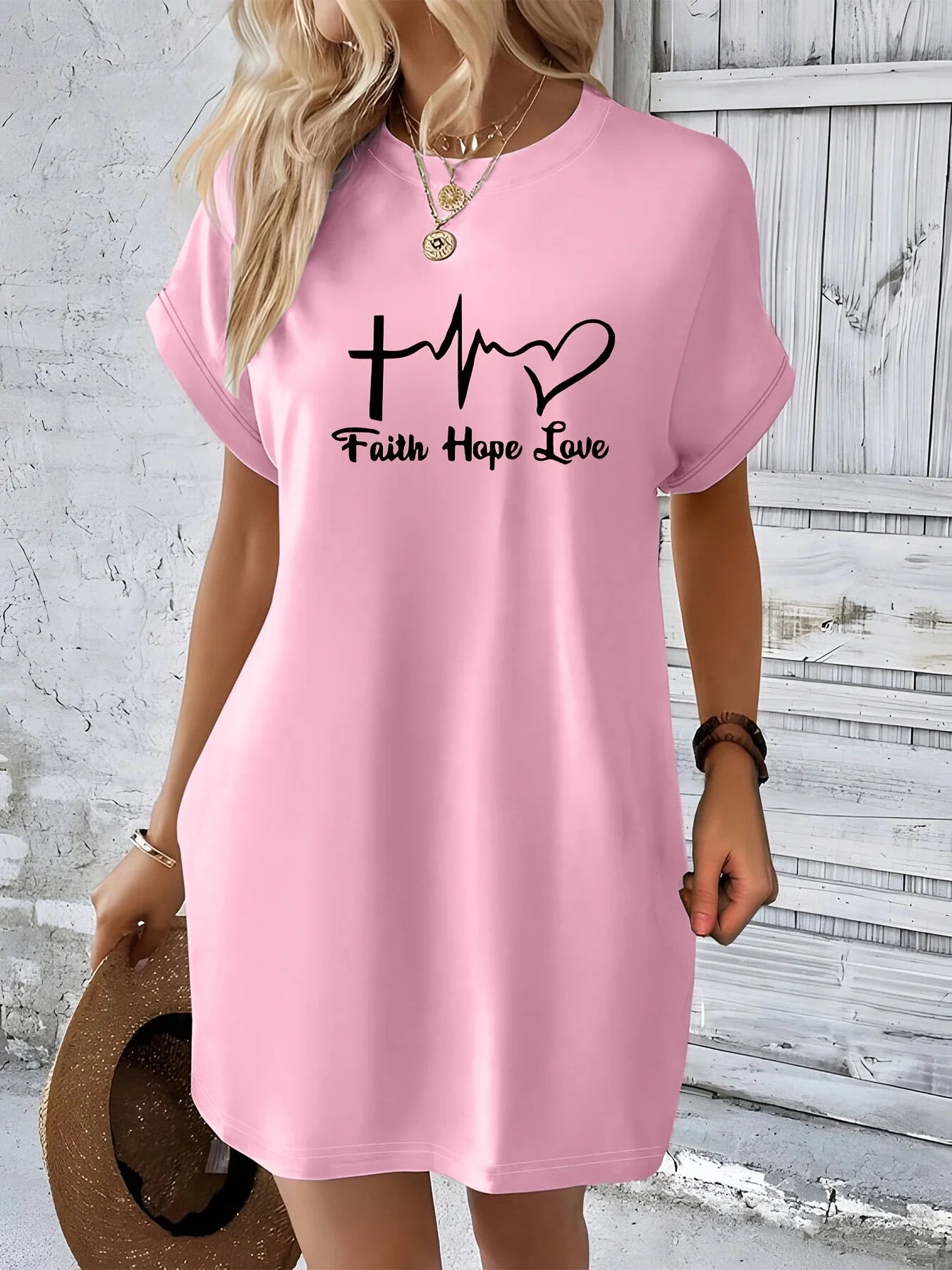 Women's Casual Faith hope love print Graphic TShirt Dress  Short Sleeve Round Neck Loose Fit SpringSummer