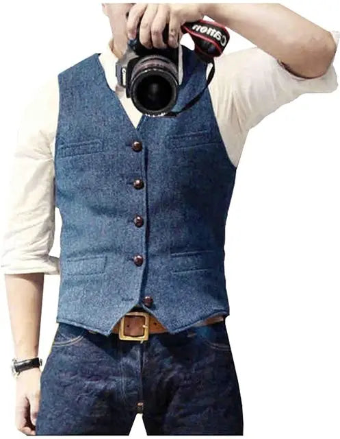 V Neck Men's Suits Vest Casual Classic Formal Business Herringbone Tweed Slim Fit Waistcoat For Wedding Groomsmen