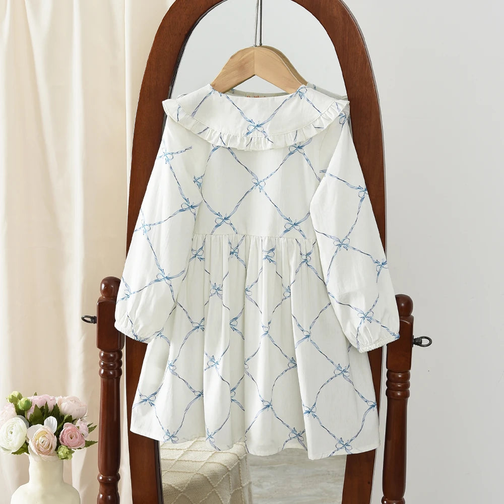 Bear Leader Autumn Spring New Girls' Dress Fashion Cute Doll Neck Flower Print Dress Children's Girls Long Sleeve Princess Dress