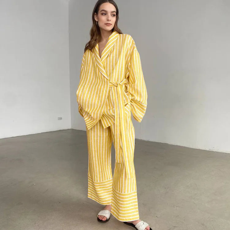 Women's Two-piece Set  Autumn New Striped Long-sleeved Loose Lace-up Top High-waisted Trousers Fashion Casual Suit for Women
