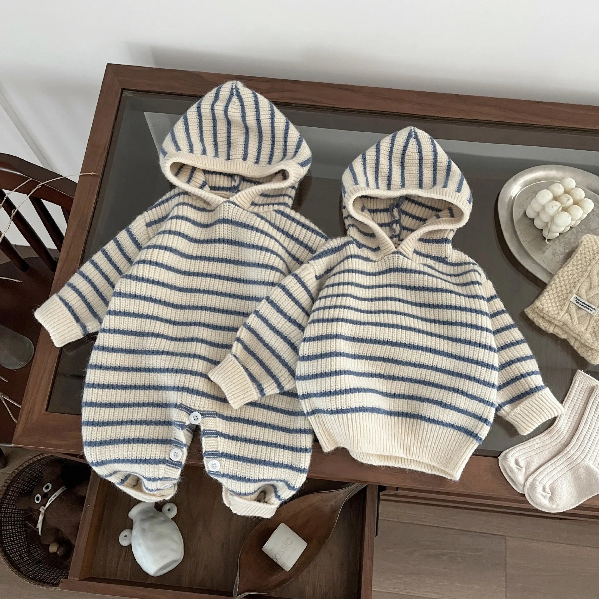 Ins Baby Clothing Korean Style Fashion Casual Soft Comfortable Knitwear Top Winter New Boys Girls Baby Thick Striped Romper