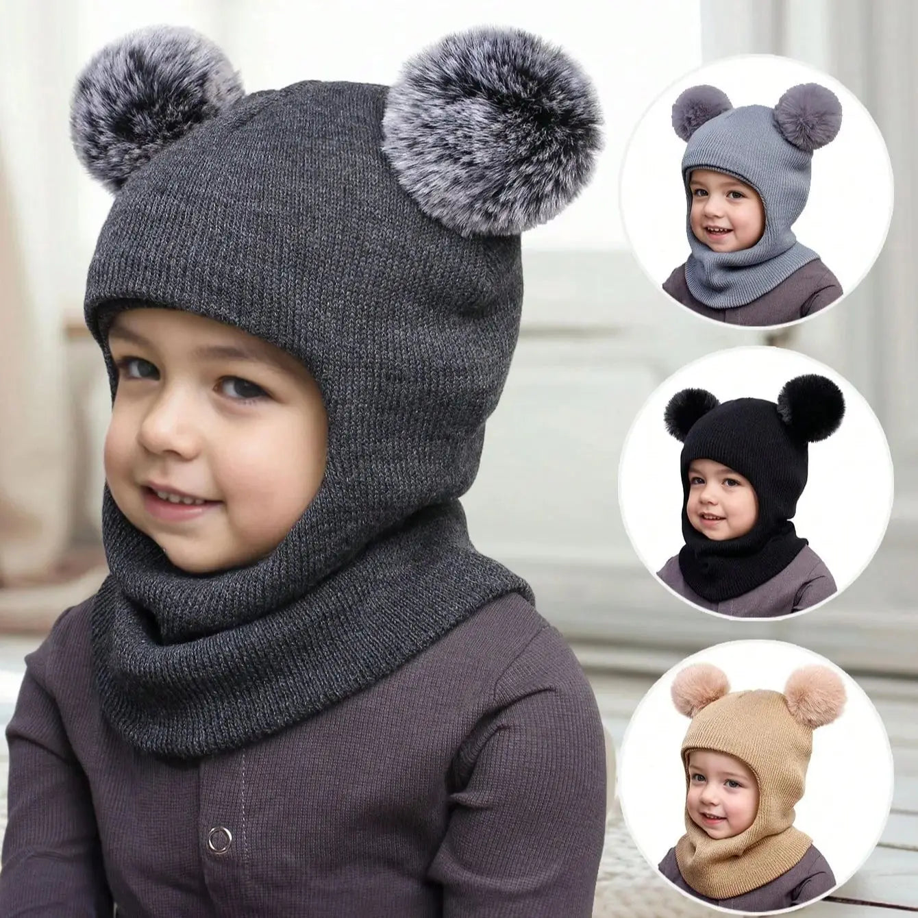 3-12Y autumn and winter double-ball pullover cap, children's double-ball ear-protecting one-piece cap, solid-color cute woolen o