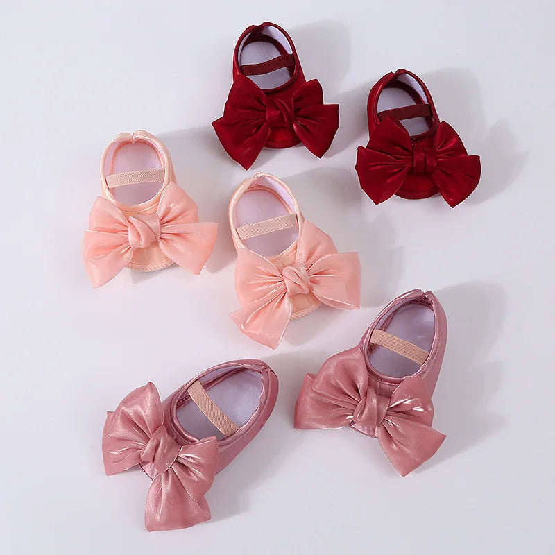 Baby Girls Baptism Shoes and Headband Shiny Bowknot Mary Jane Flats and Hairband Set 0-12M