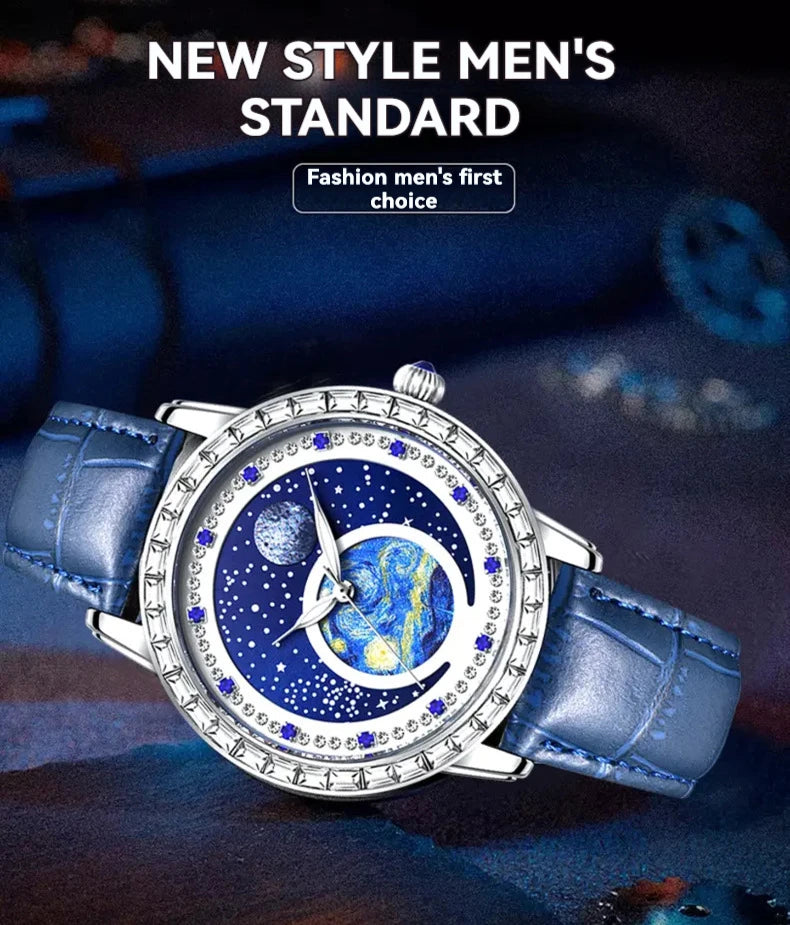 Luxury men's quartz watch, waterproof luminous oil painting starry sky dial, multifunctional watch