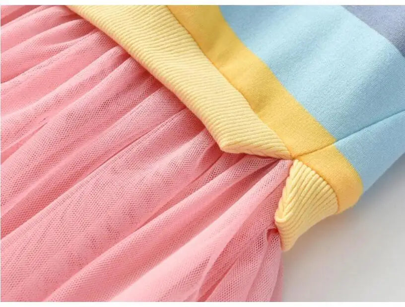 Baby Girls Dress Princess Autumn Sweater Fleece Gauze Tutu Dresses Children Clothing Long Sleeve Rainbow Stripes Dress For Girls