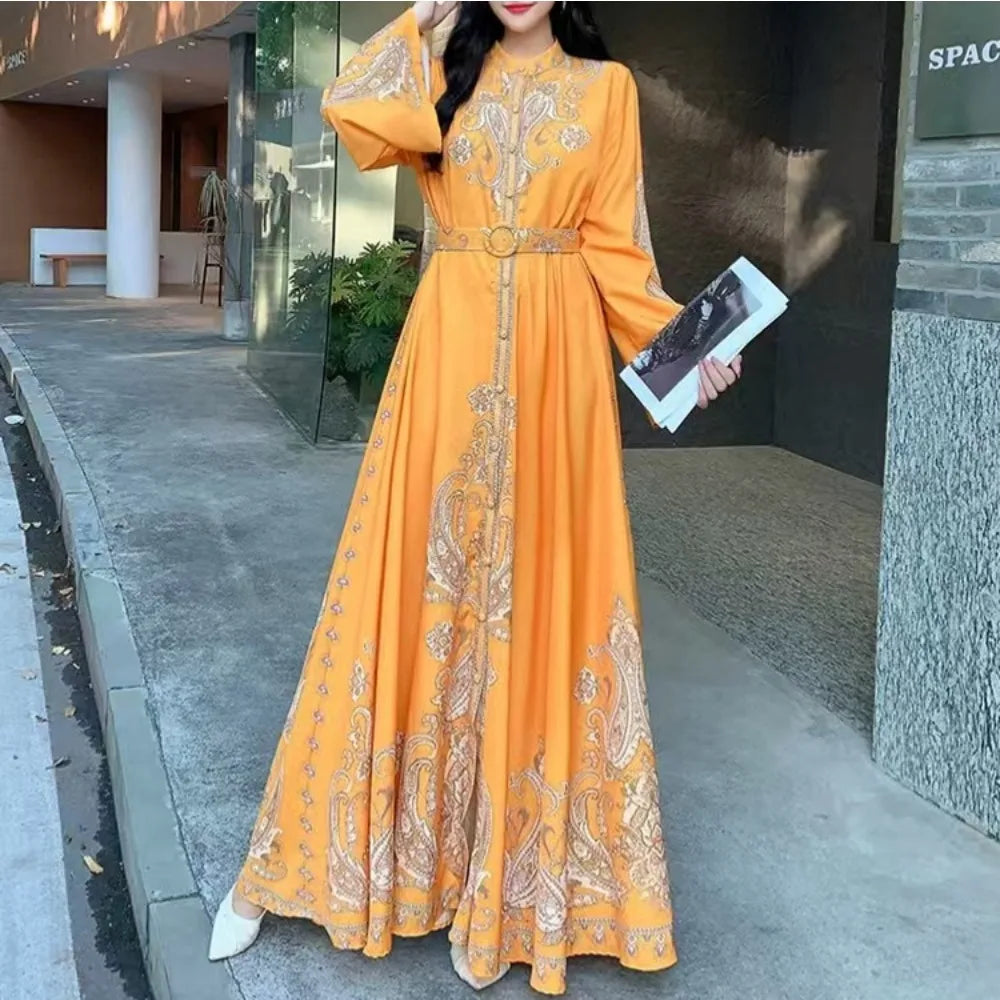 Eid Muslim Party Dress for Women Print Flare Sleeve Ramadan Abaya Belt Morocco Kaftan Vestidos Largos Dubai Robe Jalabiya 2026
