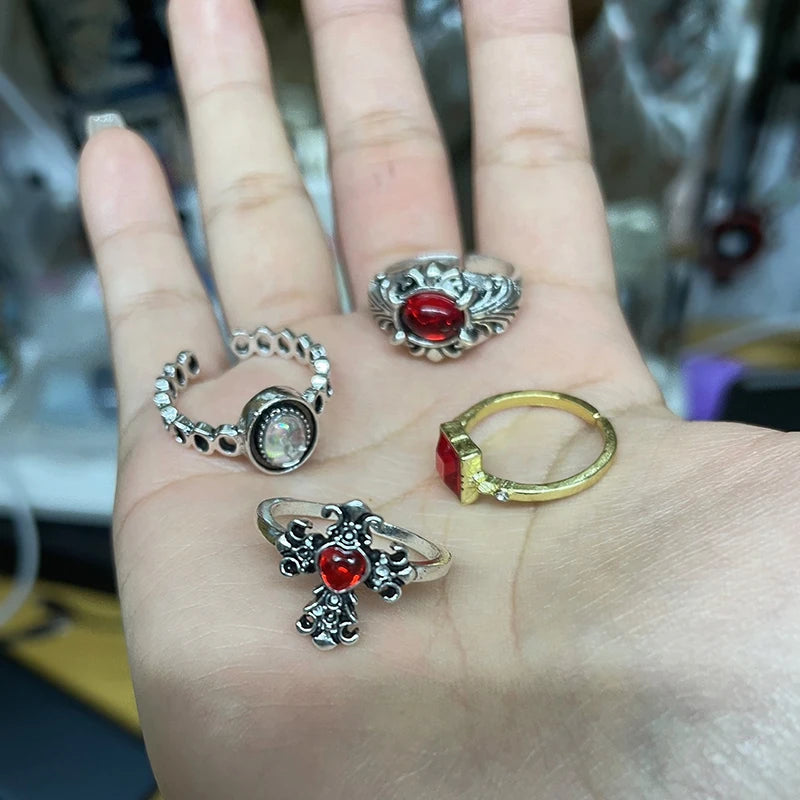 Vintage Gothic Temperament Red Crystal Cross Geometry Aesthetic Open Rings for Women Girl Punk Grunge Jewelry Men Rings