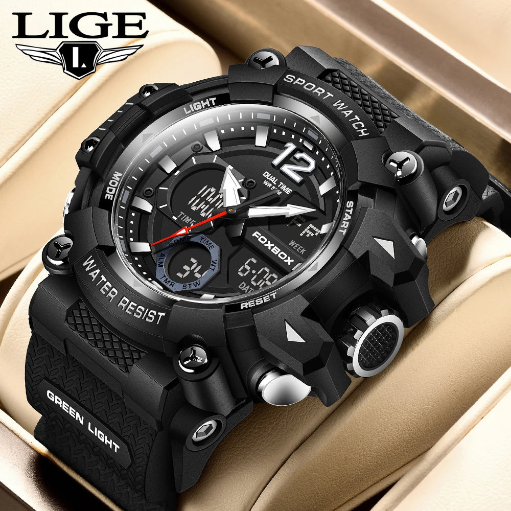 LIGE Fashion Sport Watches Men Shock Resistant 50M Waterproof Wristwatch LED Alarm Multi-function Watch Clock Military Men Watch