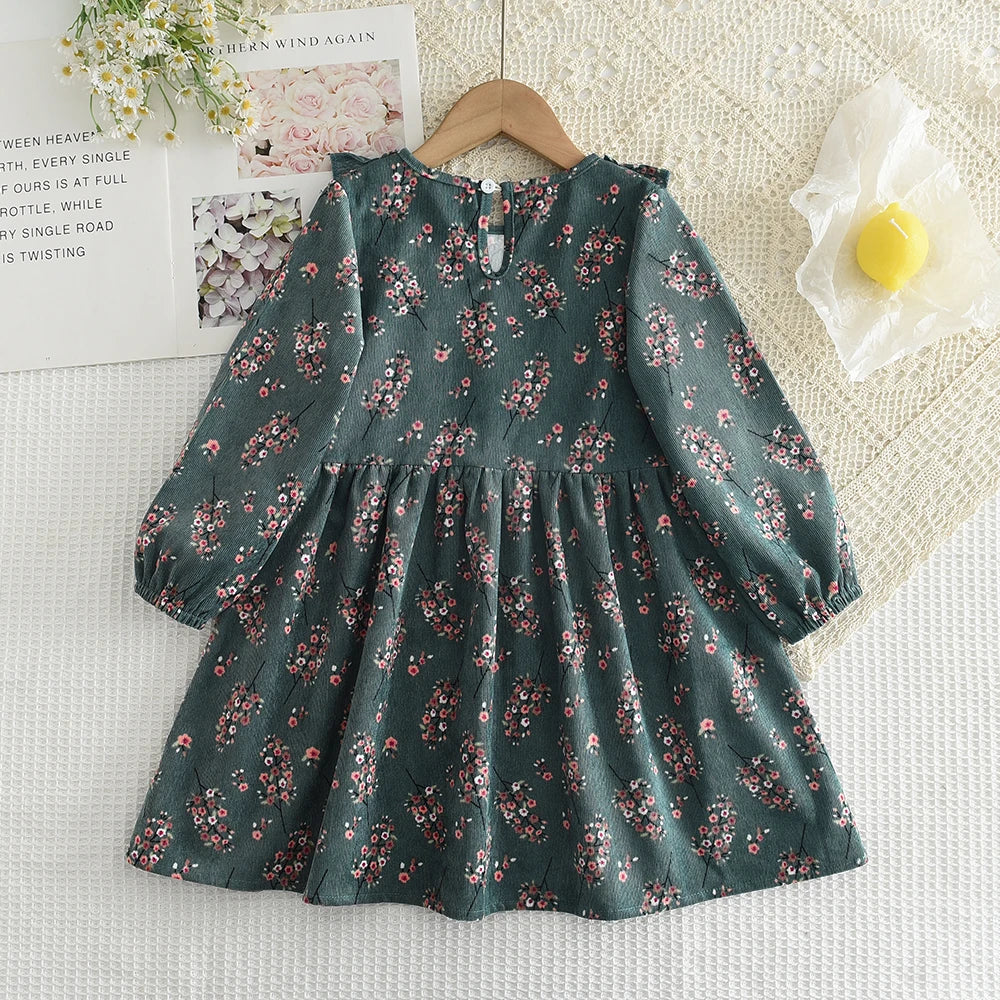 Bear Leader Autumn Spring New Girls' Dress Fashion Cute Doll Neck Flower Print Dress Children's Girls Long Sleeve Princess Dress