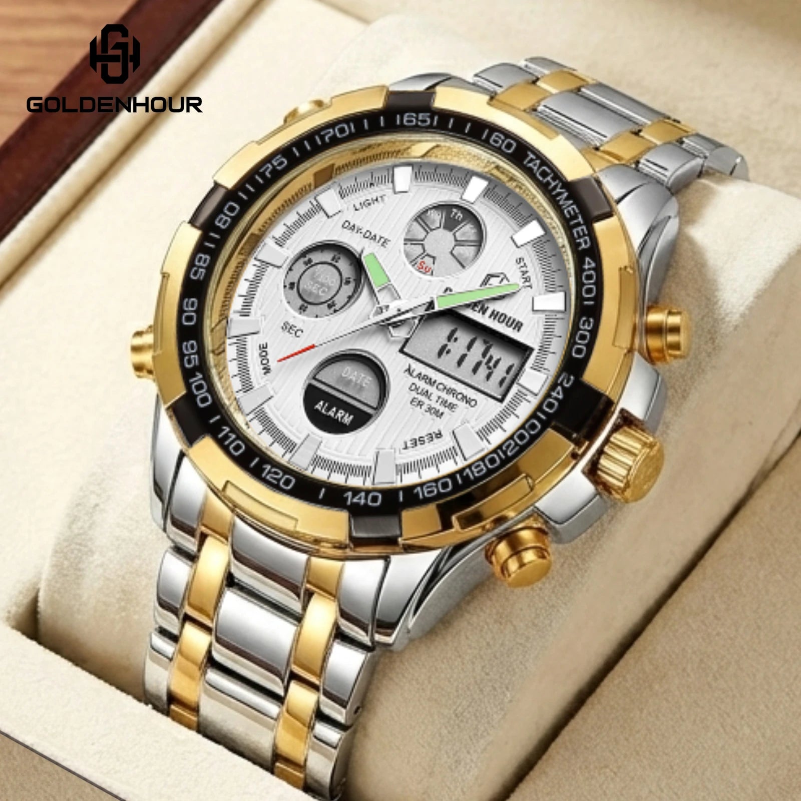 GOLDEN HOUR Luxury Men's Sport Stainless Steel Waterproof Dual Display Analog Digital Quartz Wristwatches Relogio Masculino