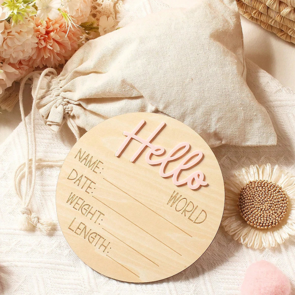 Ylsteed Hello World Newborn Sign Wooden Baby Announcement Sign for Hospital Baby Name Announcement Sign Newborn Keepsakes Props