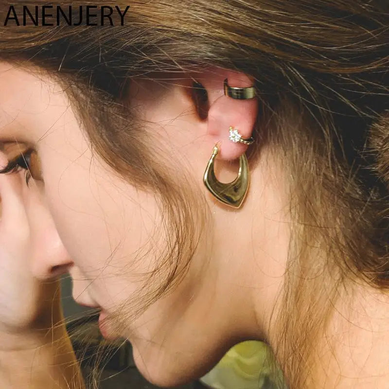 ANENJERY Silver Color Geometric Hoop Earrings for Women Men Irregular Earrings Daily Jewelry 2022 New