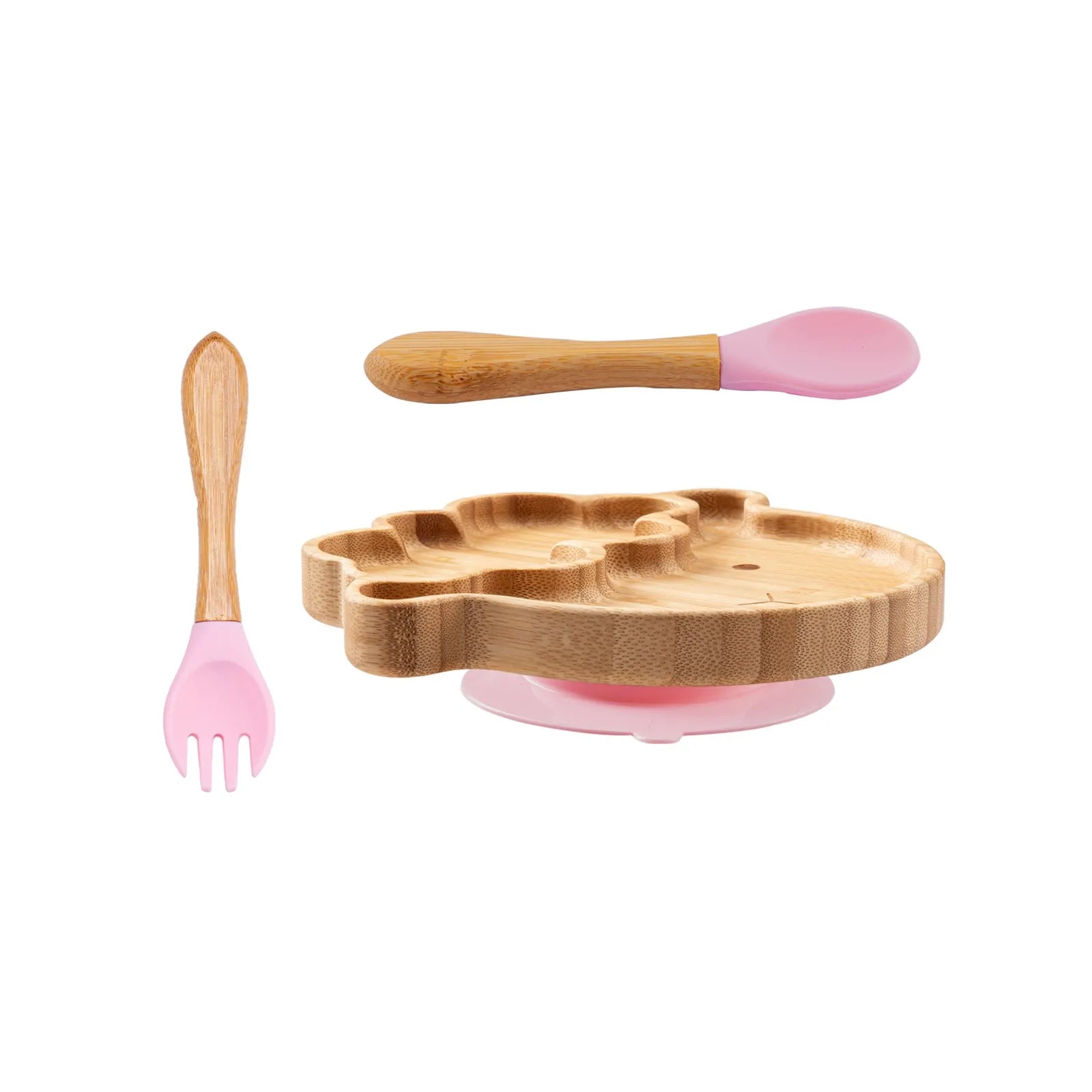 Baby Wooden Tableware Set Could Bamboo Wooden Plate Bowl Silicone Suction Wooden Handle Fork Spoon for Children Feeding Supplies