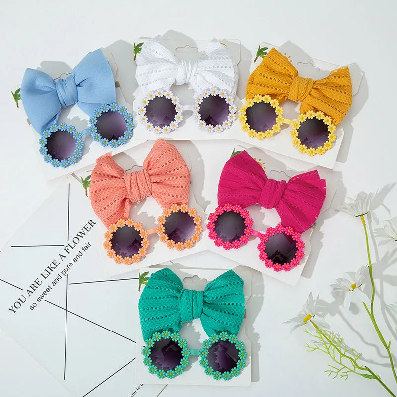 2Pcs Kids Sunglasses Headband Set Daisy Flower Round Toddler Sun Glasses Girls Sun Protection Eyewear