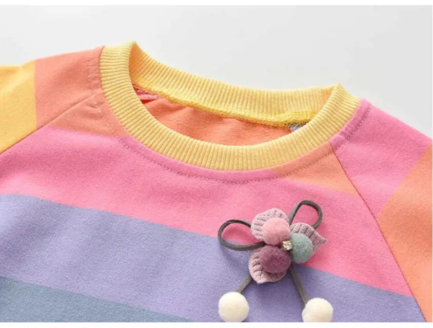 Baby Girls Dress Princess Autumn Sweater Fleece Gauze Tutu Dresses Children Clothing Long Sleeve Rainbow Stripes Dress For Girls