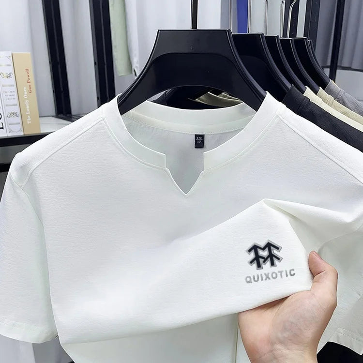 Luxury Man Short-Sleeved T-Shirt V-Neck Pattern Summer New Outdoor Sport T-Shirt Breathe Sleek Versatile Leisure Men's Clothing