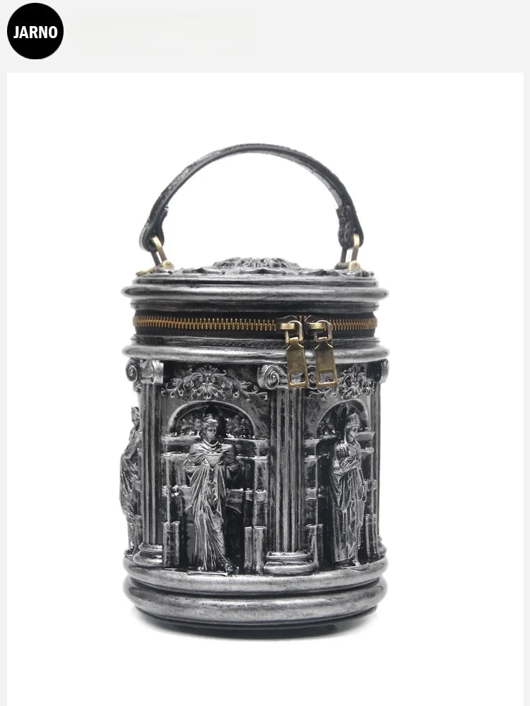 Retro Creative Unique Design Baroque Art round Cylinder Handbag Women's Fashion Crossbody Bag Handheld Bag Jarno Brand