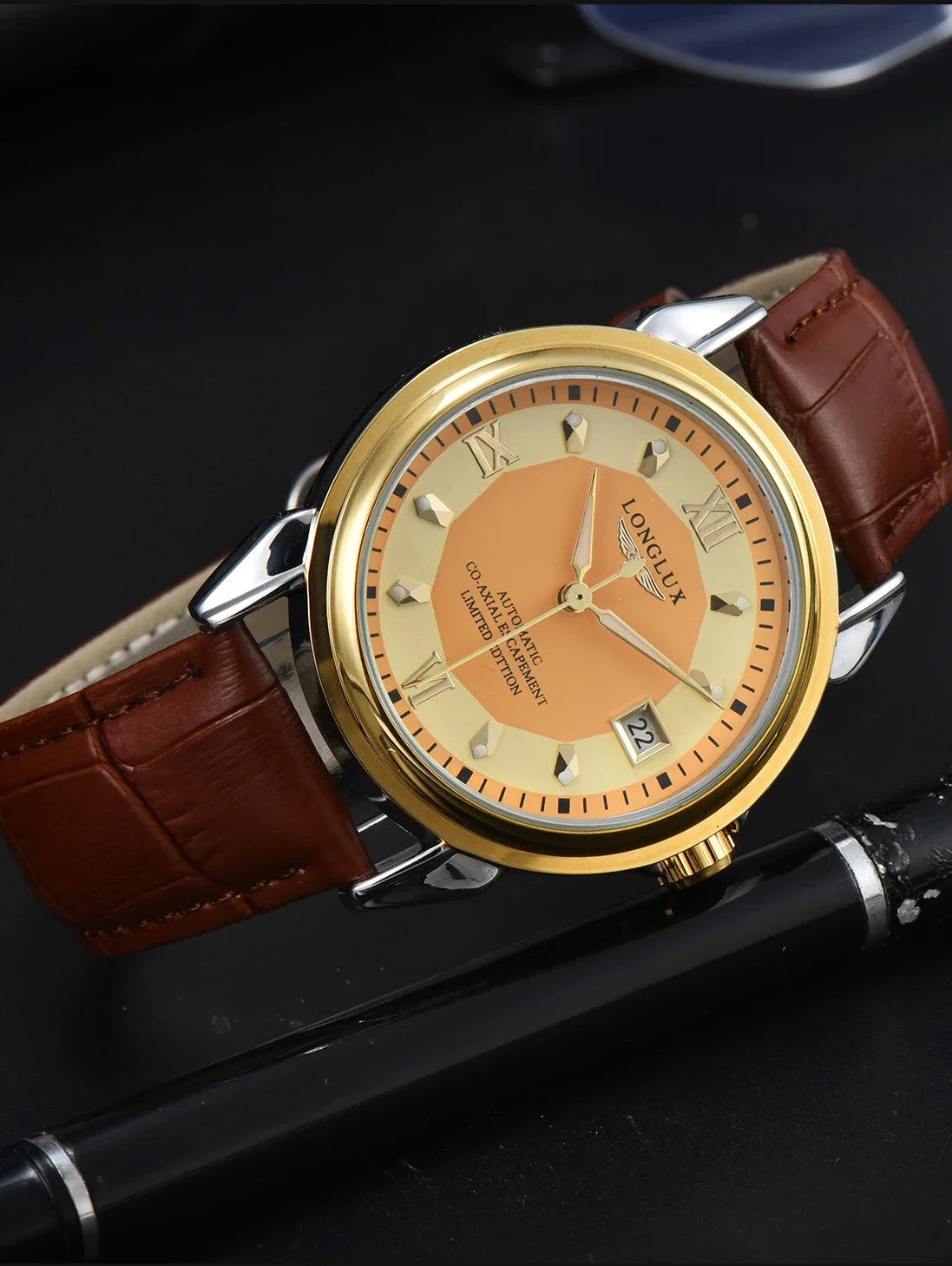 Luxury Men's Automatic Mechanical Watch, Mechanical Movement, Limited Edition, Roman Numeral Dial, Leather Strap, Skeleton Design, Waterproof, Luminous Calendar, Business Casual Style, Men's Watch, High-End Gentleman's Formal
