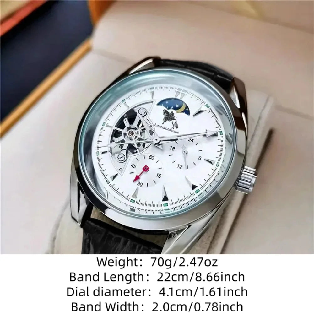 Luxury Men's Automatic Mechanical Watch, Mechanical Movement, Limited Edition, Roman Numeral Dial, Leather Strap, Skeleton Design, Waterproof, Luminous Calendar, Business Casual Style, Men's Watch, High-End Gentleman's Formal
