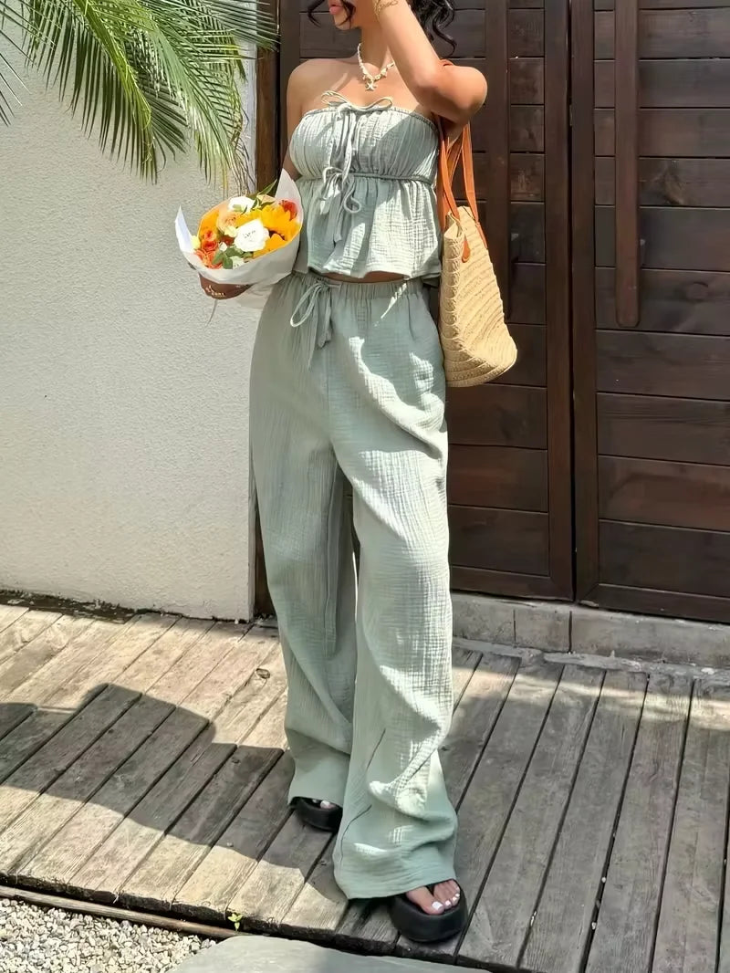 2 piece sets woman outfits，New women's casual two-piece lace up top and pants