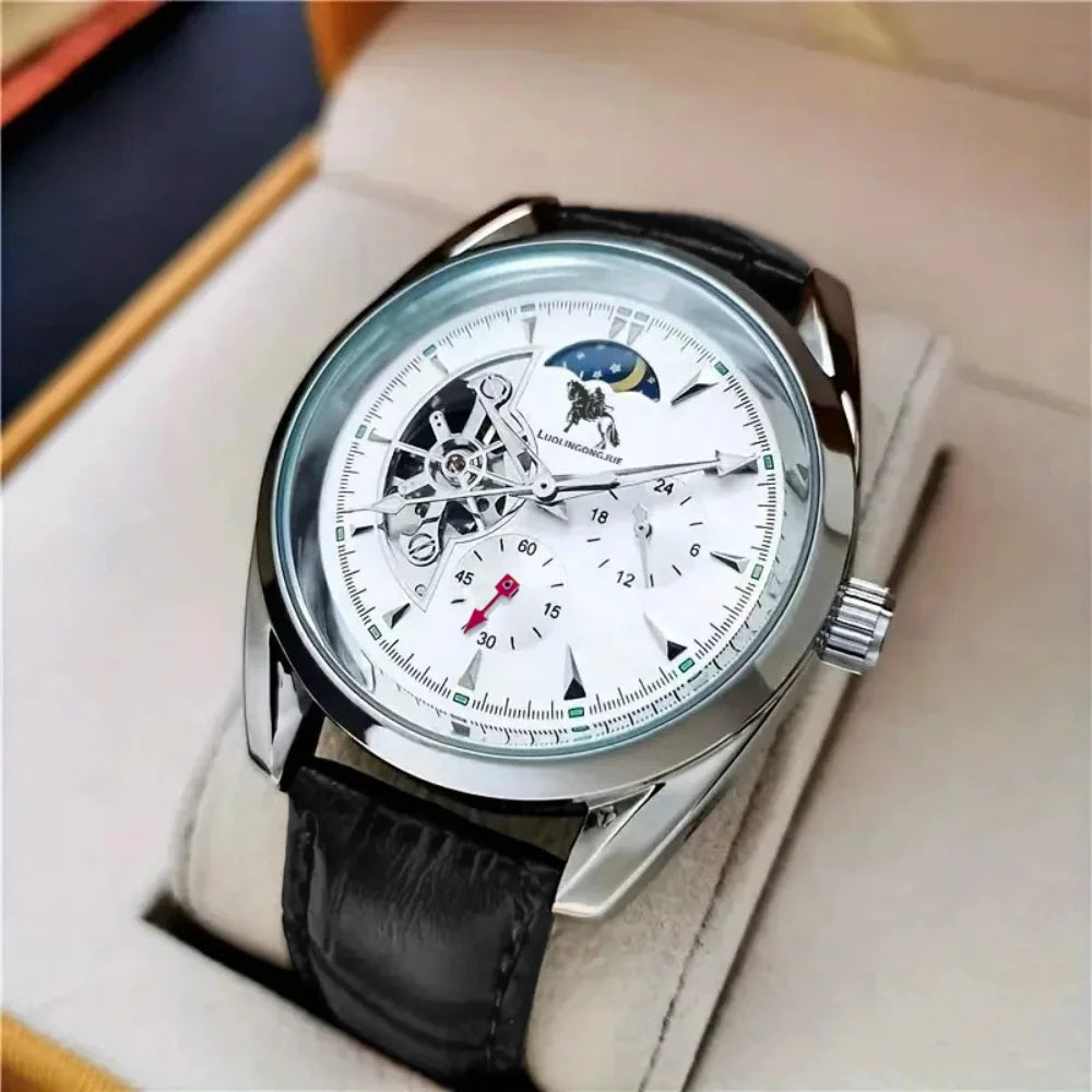 Luxury Men's Automatic Mechanical Watch, Mechanical Movement, Limited Edition, Roman Numeral Dial, Leather Strap, Skeleton Design, Waterproof, Luminous Calendar, Business Casual Style, Men's Watch, High-End Gentleman's Formal