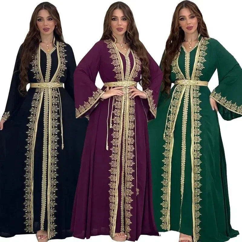 Eid Muslim Women Party Dresses 2 Piece Set Embroidery Arab Long Robe Ramadan Dubai Abayas Islam Kaftan Muslim Dress Women