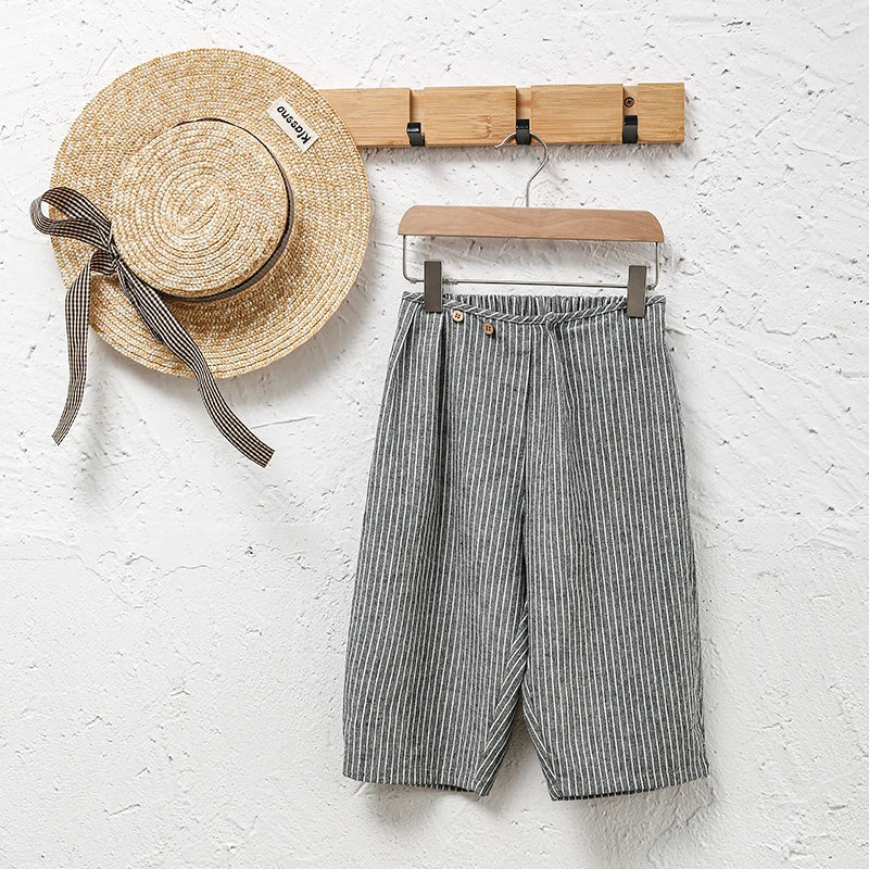 Kids Retro Striped Cotton Linen Pants – Comfortable Loose Fit Summer Trousers