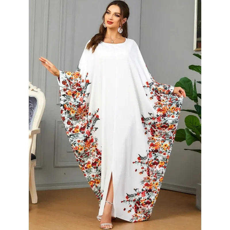 Eid Muslim Party Dress for Women Ramadan Abaya Bat Sleeve Print Long Robe Morocco Kaftan Vestidos Largos Dubai Jalabiya 2025