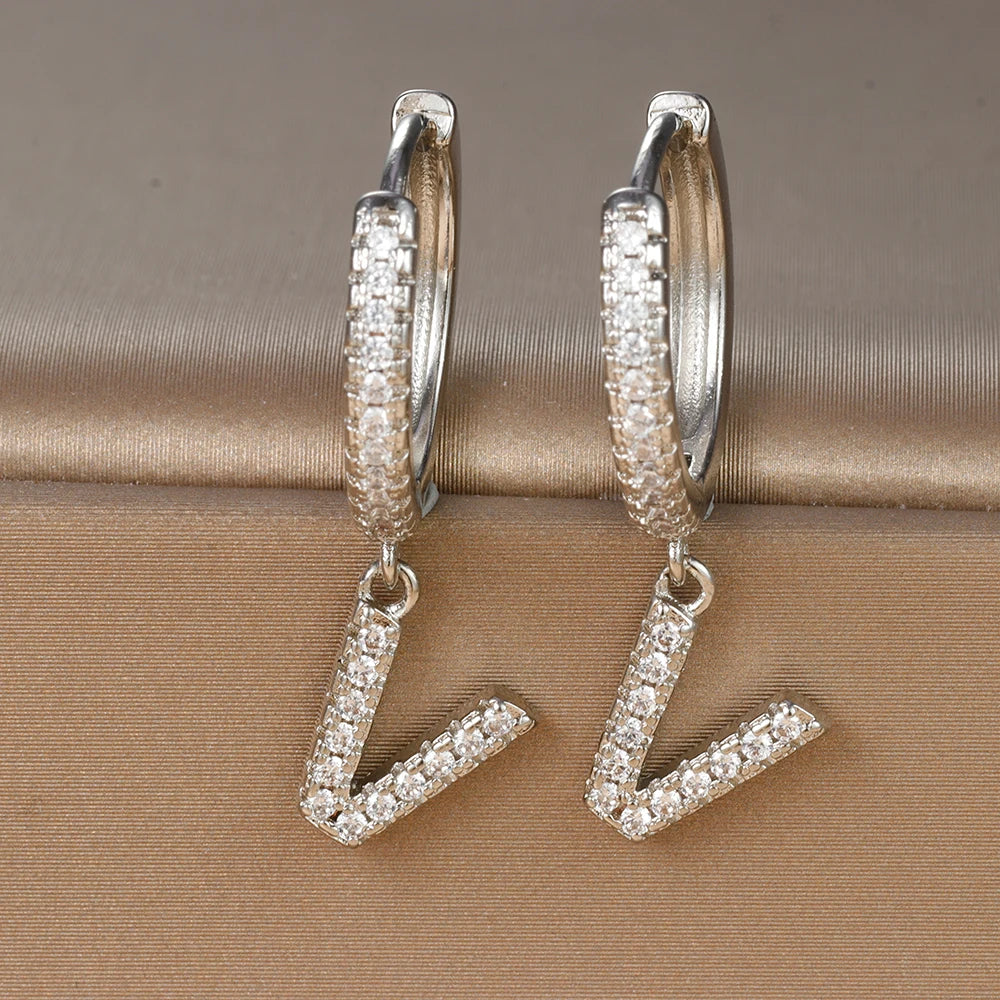 Silver Color Stainless Steel 26 Letters Hoop Earrings For Women A-Z Crystal Zircon Cartilage Piercing Earrings Wedding Jewelry