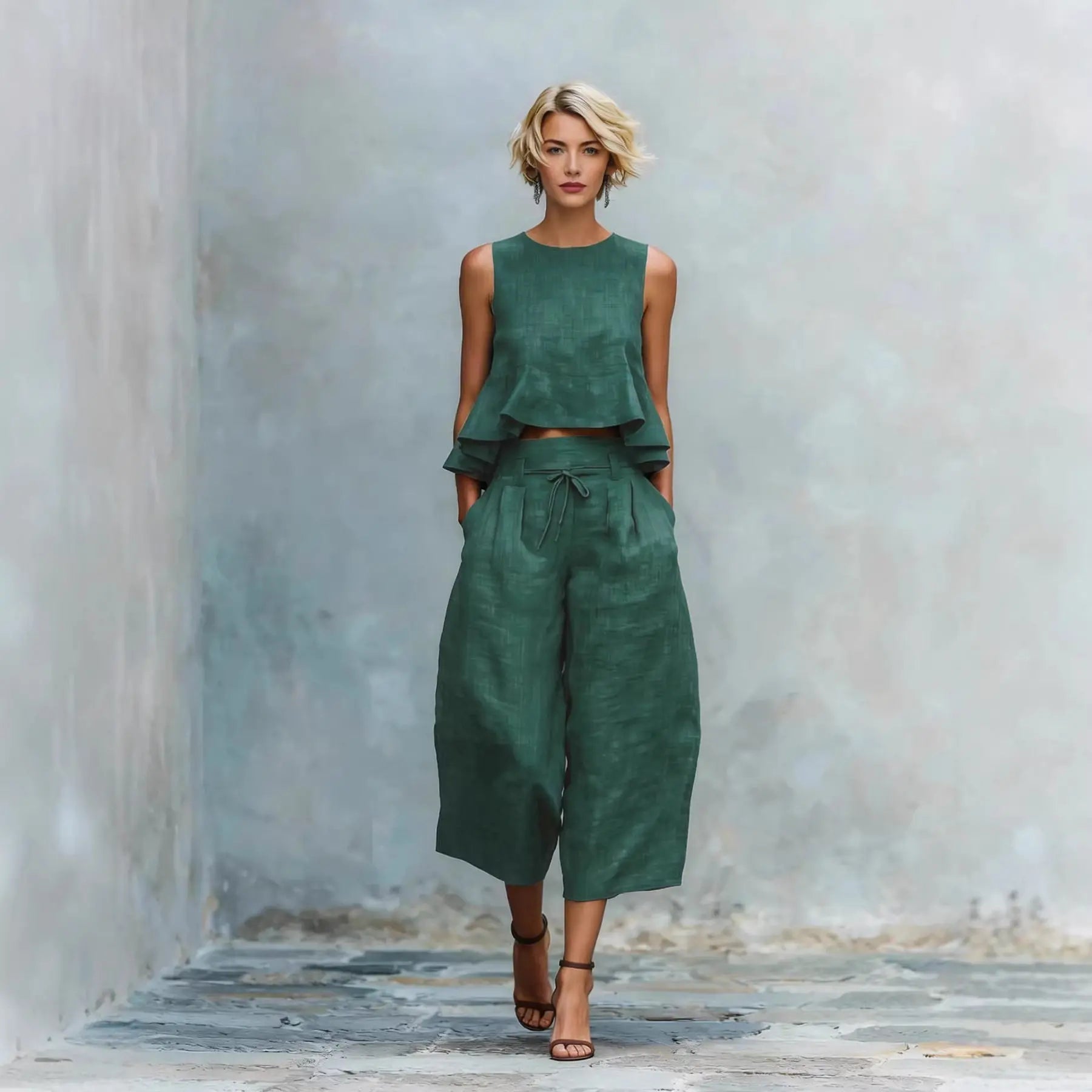 Summer Vacation Outfits Woman 2026 Elegant O Neck Sleeveless Tank Top And Wide Leg Trousers Suit Casual 2 piece Loose Sets
