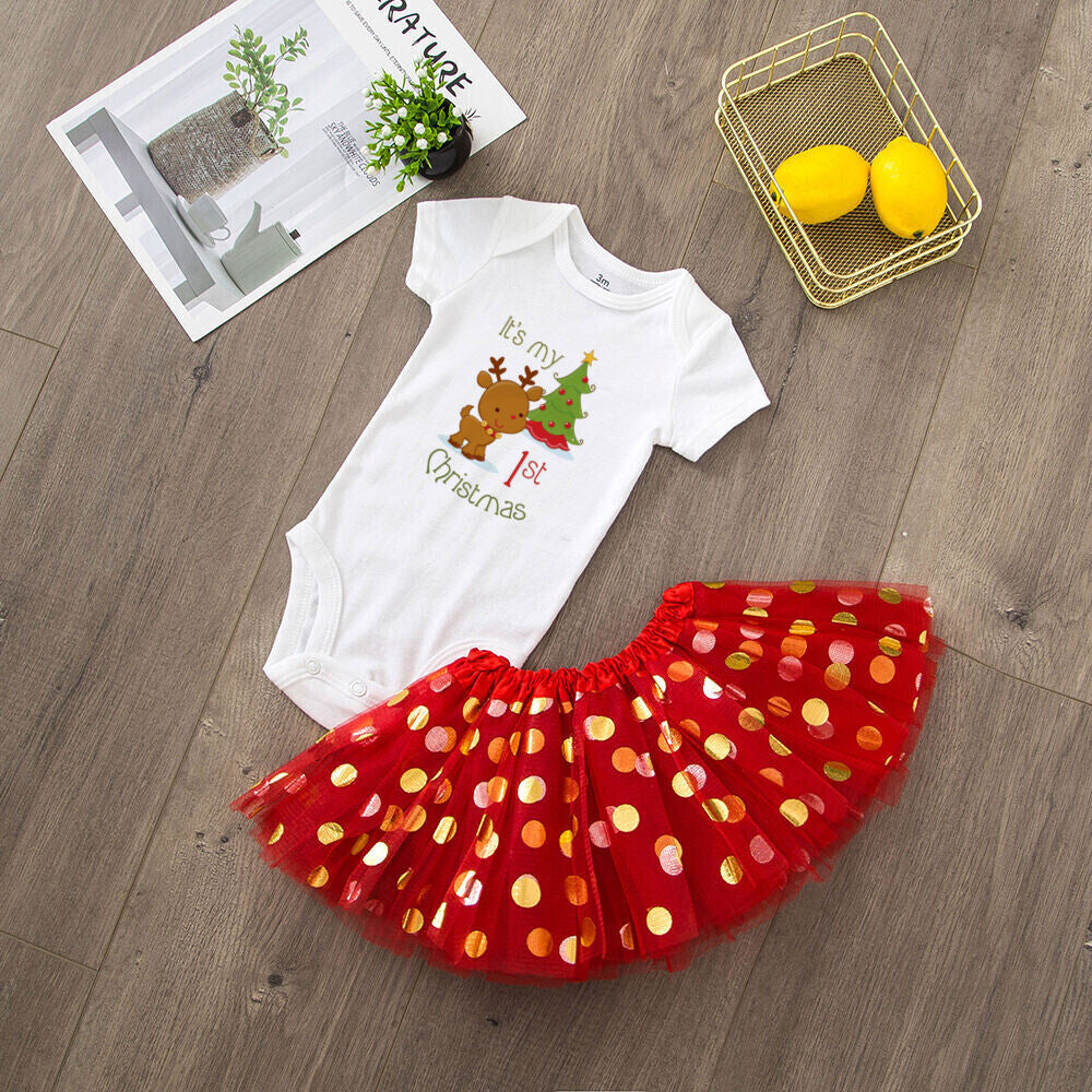My 1st Christmas Print Baby Girls Cake Smash Dresses Outfits Newborn Xmas Party Tutu + Bodysuit Dress Set Infant Baptism Clothes
