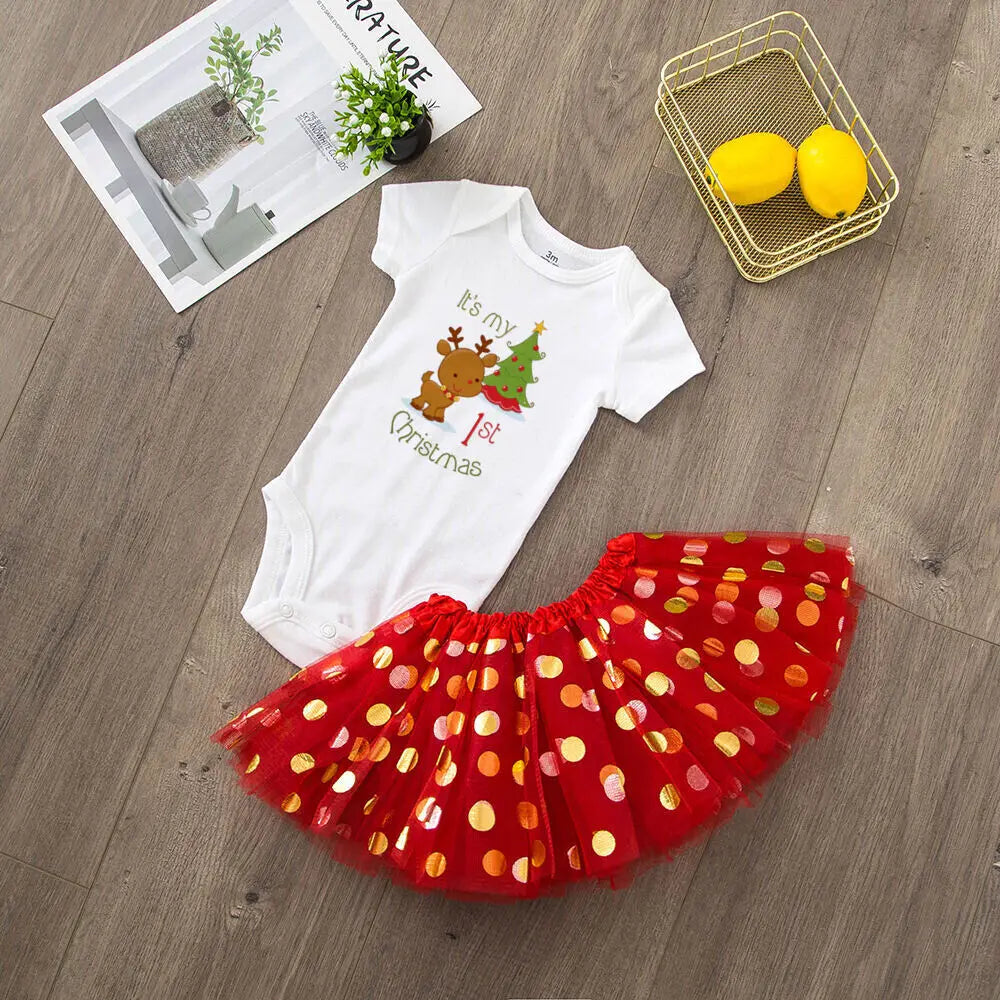 My 1st Christmas Print Baby Girls Cake Smash Dresses Outfits Newborn Xmas Party Tutu + Bodysuit Dress Set Infant Baptism Clothes