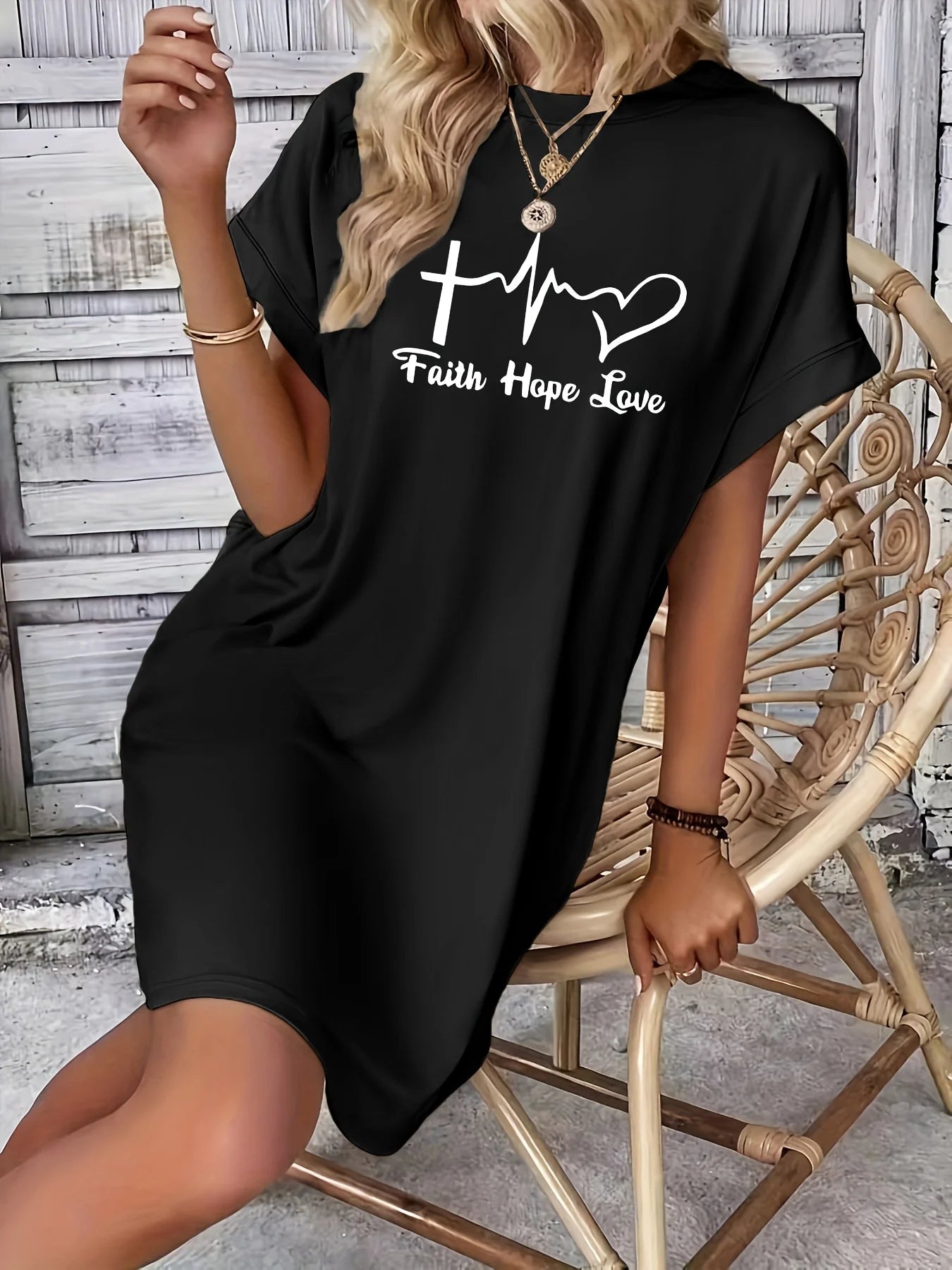 Women's Casual Faith hope love print Graphic TShirt Dress  Short Sleeve Round Neck Loose Fit SpringSummer