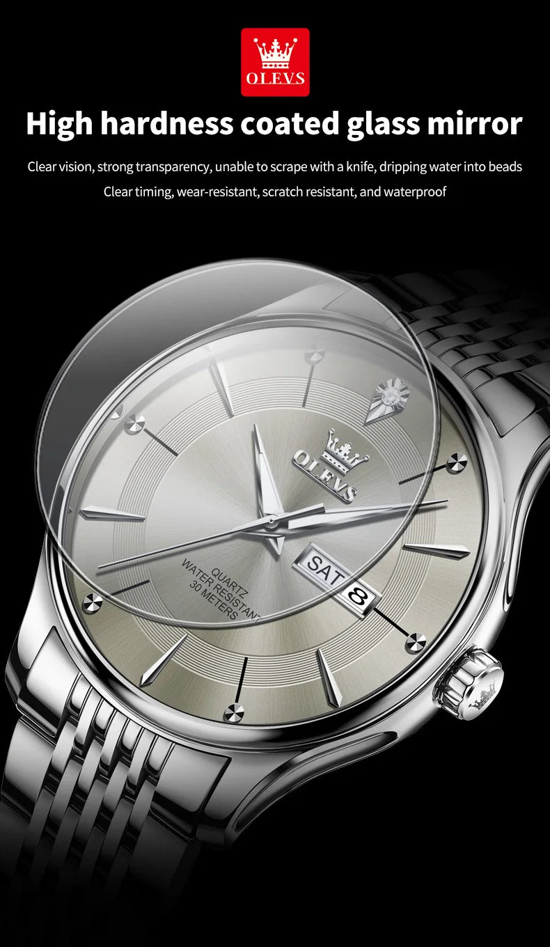 OLEVS Men's Watches Business Simply Original Quartz Watch for Man Waterproof Stainless Steel Luminous Hands Date Week