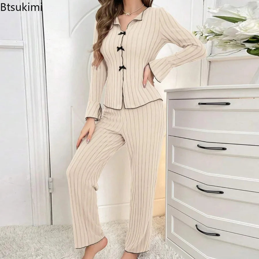 2026 Women's Fashion Two-piece Pajama Sets 2PCS Autumn Winter Casual Warm Home Clothes Sets for Girls Solid Sleepwear Clothes