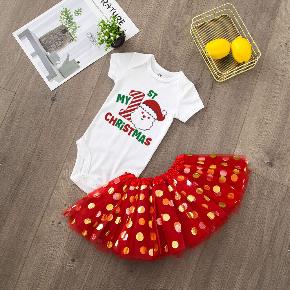 My 1st Christmas Print Baby Girls Cake Smash Dresses Outfits Newborn Xmas Party Tutu + Bodysuit Dress Set Infant Baptism Clothes