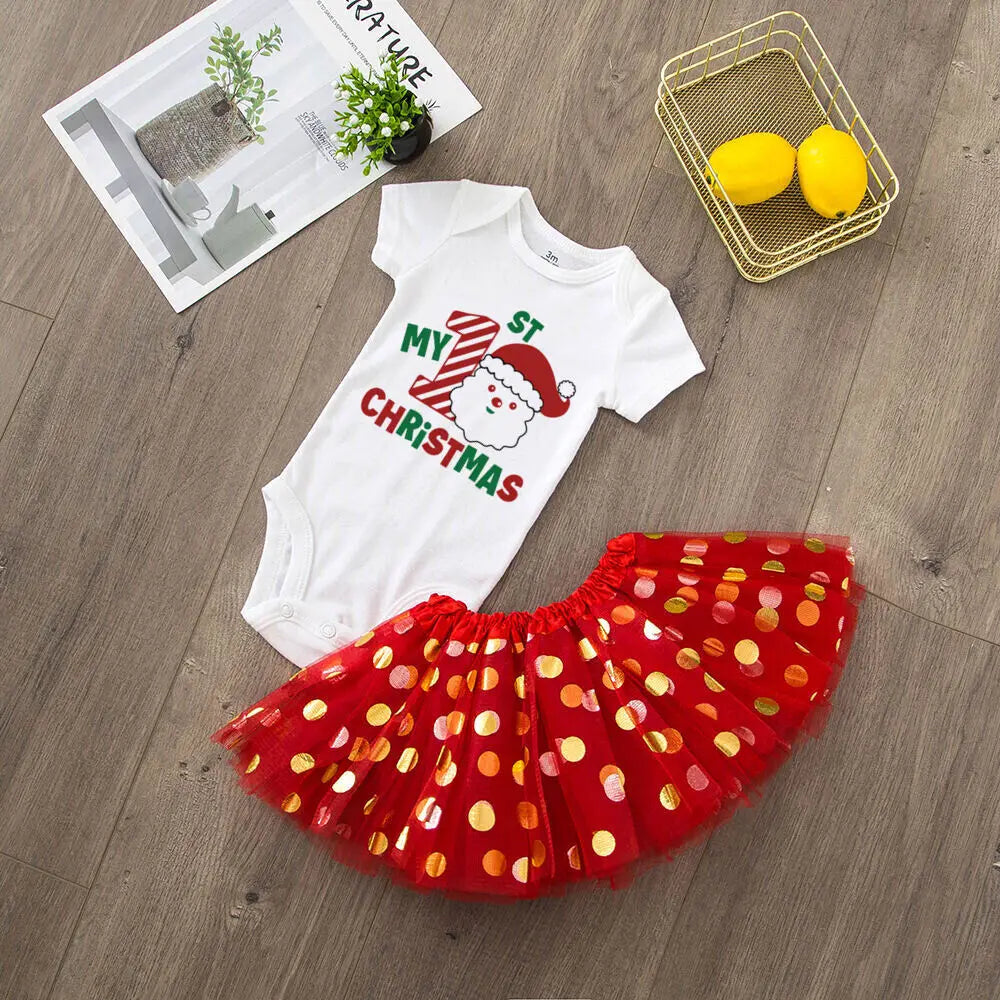 My 1st Christmas Print Baby Girls Cake Smash Dresses Outfits Newborn Xmas Party Tutu + Bodysuit Dress Set Infant Baptism Clothes
